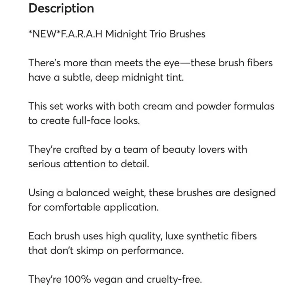 FARAH‎ F.A.R.A.H. Midnight Collection Pro Trio Brush Set 100% Vegan NEW